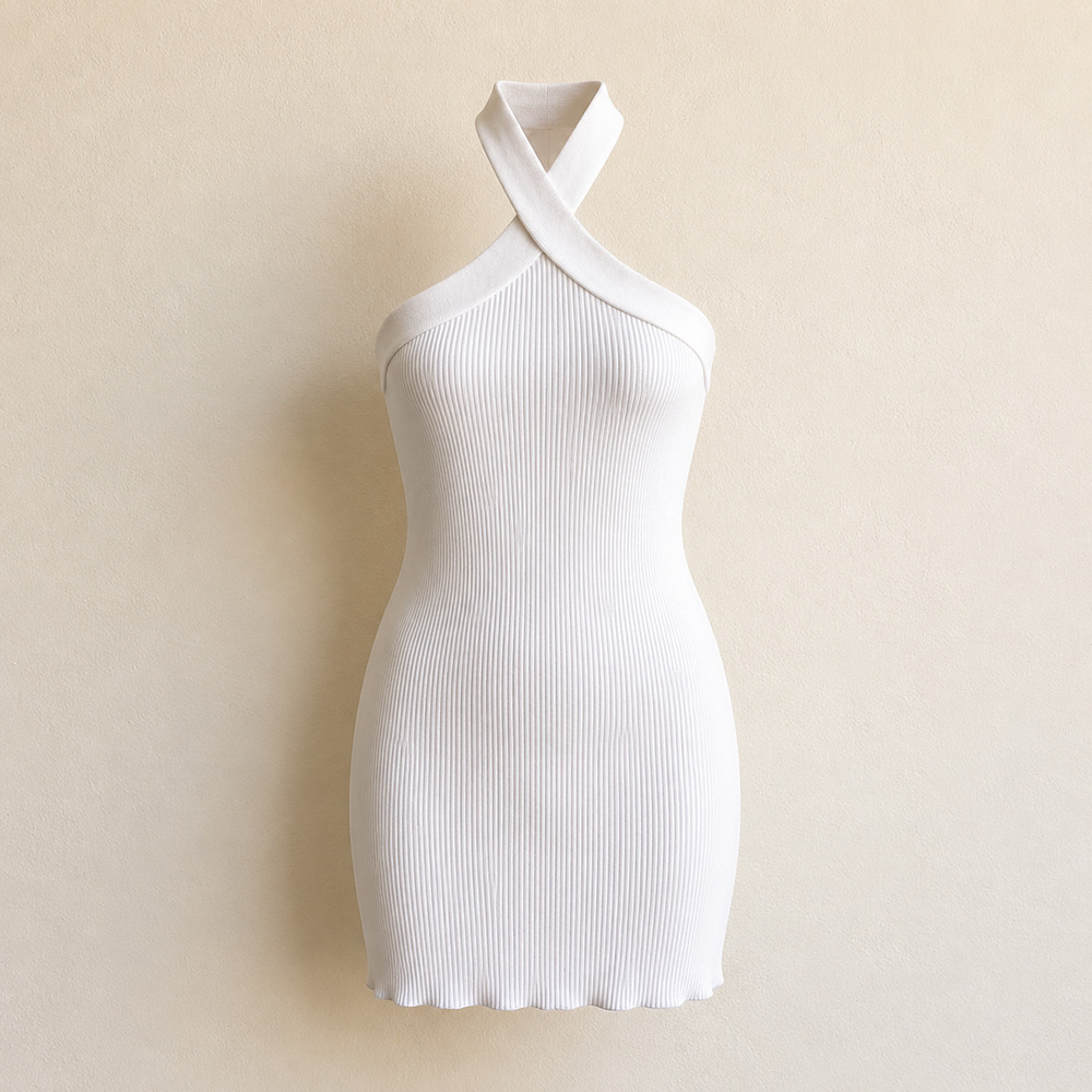 House of Harlow 1960 Crossover Halter Rib Knit Bodycon Mini Dress White L